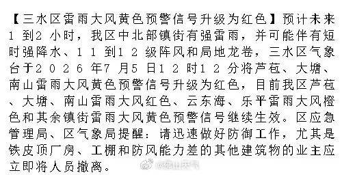 佛山紧急通知：立即组织防御，三水乐平可能出现局地龙卷